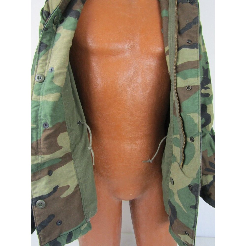 VTG 80s Military Camo Coat Field Jacket Hoodie M65 Woodland Punk Cargo Mens XS - Picture 6 of 14